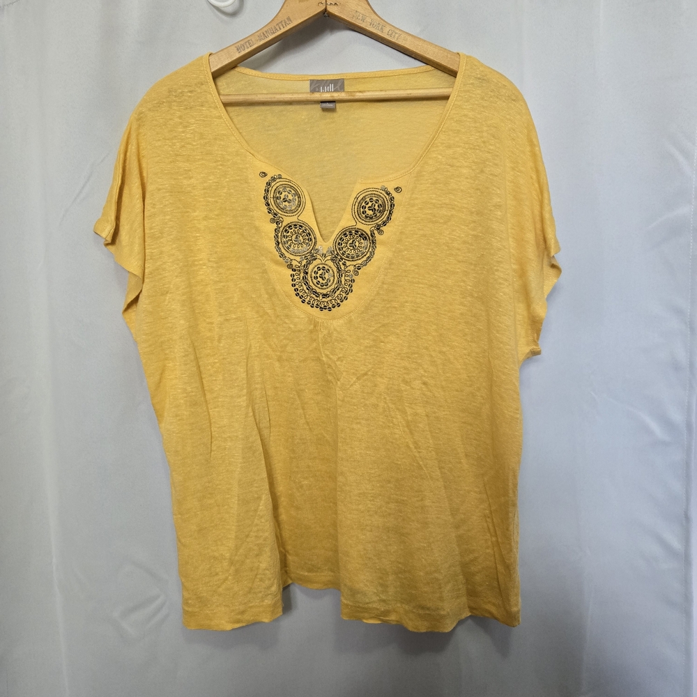 J. Jill Yellow Linen Top with Intricate Black Detail